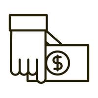 mão com ícone de estilo de linha de investimento financeiro de negócios de dinheiro de notas vetor