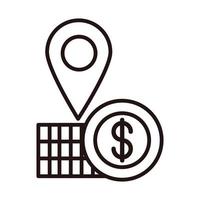 ícone de estilo de linha de banco móvel para compras ou pagamento de dinheiro com localização de pin de GPS vetor