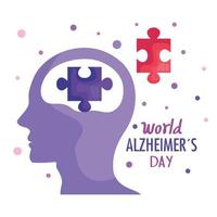 dia mundial de Alzheimer com cabeça de perfil e peças de quebra-cabeça vetor