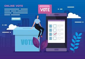 cartaz de votação online com smartphone e mulher de negócios vetor