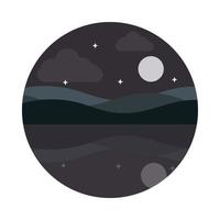 paisagem natureza lua estrelas colinas reflexão água ícone de estilo plano vetor