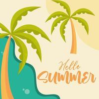 Olá, viagens de verão e temporada de férias, palmeiras, praia, praia, mar, letras, texto vetor