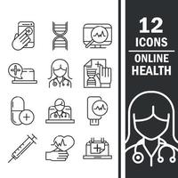 ícone de consulta de suporte de assistência médica de saúde online definir ícone de linha pandêmica covid 19 vetor