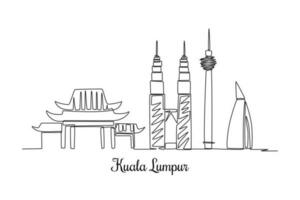 solteiro 1 linha desenhando Kuala lumpur Horizonte. cidade conceito. contínuo linha desenhar Projeto gráfico vetor ilustração.