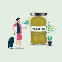 mulher caminhando com moedas em transparente vidro jar. salvando para período de férias conceito vetor ilustração
