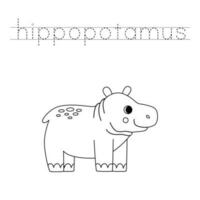 vestígio a cartas e cor desenho animado hipopótamo. caligrafia prática para crianças. vetor