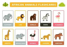 fofa africano animais com nomes. flashcards para Aprendendo inglês. vetor