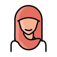 mulher muçulmana com linha de caractere hijab e ícone de preenchimento vetor