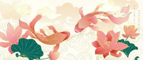 luxo ouro oriental estilo fundo vetor. chinês e japonês papel de parede padronizar Projeto do elegante peixinho dourado, lótus flores com ouro linha. Projeto ilustração para decoração, parede decoração. vetor