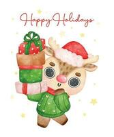 fofa alegre Natal rena animal levar pilha do embrulhado presentes, feliz feriado, desenho animado animal personagem aguarela mão desenhando vetor ilustração