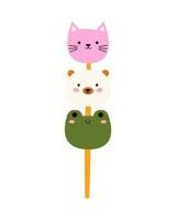 conjunto fofa dango. japonês tradicional cozinha pratos Sanshoku dango. em forma de animal hanami dango - gato, urso, rã. vetor desenho animado isolado ilustração dentro kawaii estilo.