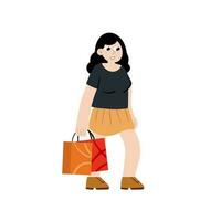 jovem mulher com bolsas. compras e compra. fêmea na moda personagem. menina anda em com pacote. plano moderno desenho animado vetor