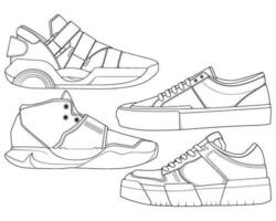 conjunto do sapatos tênis esboço desenhando vetor, tênis desenhado dentro uma esboço estilo, empacotamento tênis formadores modelo contorno, vetor ilustração.