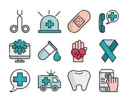 equipamentos de saúde médica assistência suporte ícones definir linha e estilo de preenchimento vetor