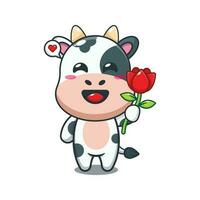 vaca segurando rosa flor desenho animado vetor ilustração.