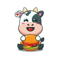 vaca com hamburguer desenho animado vetor ilustração.