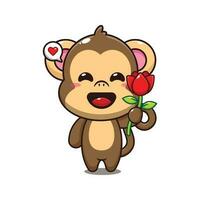 fofa macaco segurando rosa flor desenho animado vetor ilustração.