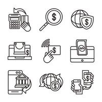 ícones de comércio eletrônico on-line do mercado de compras ou pagamento de banco móvel definir linha e preencher ícone de estilo de linha vetor