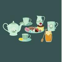 retro chá Tempo conjunto plano vetor. ícones para hora do chá conceito bule de chá, chá xícara, pastelaria, querida jarra, leite jarro. vetor