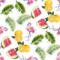 padrão sem emenda com folhas tropicais, melancias, laranjas e flamingos vetor