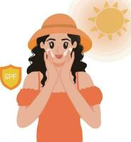 bonita mulher em verão feriado vestindo Sol tela spf para proteger dela pele a partir de uva uvb ilustração vetor