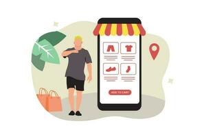 compras conectados conceito com homem e Smartphone. vetor ilustração dentro plano estilo