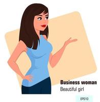 Mulher de negócios jovem desenho animado com roupas de estilo office mostrando algo vetor
