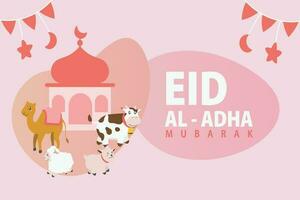 piedosos eid al adha Mubarak fofa bandeira desenho animado doodle. islâmico e árabe cumprimento folheto para muçulmano comunidade festival gráfico impressão vetor