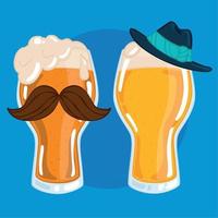 par de copos de cerveja com bigode e chapéu vetor