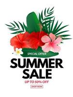 Cartaz de venda de verão com fundo natural com palmeira tropical e flores exóticas de folhas Monstera vetor
