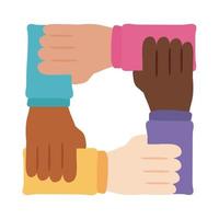 ícone de estilo simples de trabalho em equipe de mãos inter-raciais vetor