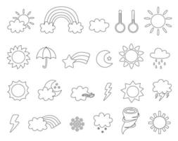 conjunto de lindos ícones de clima em preto e branco para colorir para crianças vetor