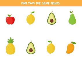Encontre duas frutas idênticas, jogo educacional para crianças em idade pré-escolar vetor