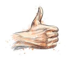 mão mostrando o símbolo, como fazer o gesto do polegar para cima com um toque de aquarela desenho desenhado à mão ilustração vetorial de tintas vetor