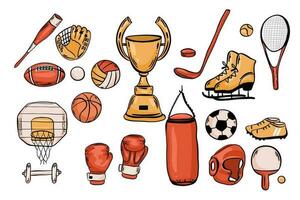 esporte equipamento. vetor ícones conjunto do esporte inventário com bolas para voleibol, beisebol, futebol jogos e tênis, golfe bola, de bilhar, raquete, boliche. ginástica Academia ferramentas. equipe jogos