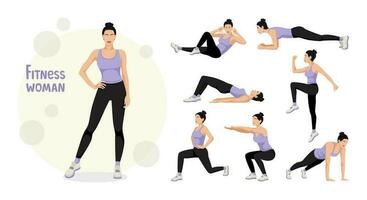 ginástica mulher. uma conjunto do exercícios para mulheres. estocadas, flexões, agachamentos, tábuas. corpo dar certo. a conceito do a ativo e saudável vida. vetor ilustração isolado em branco fundo