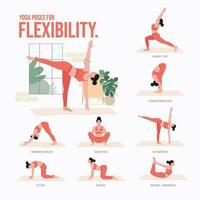 ioga poses para flexibilidade. jovem mulher praticando ioga pose. mulher exercite-se fitness, aeróbico e exercícios vetor