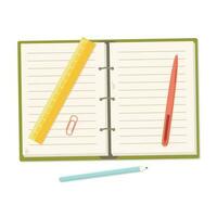 escola suprimentos. caderno, lápis, caneta, governante. costas para escola. vetor ilustração