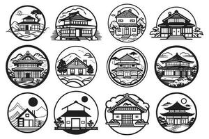 mão desenhado minimalista japonês casa logotipo dentro plano estilo vetor