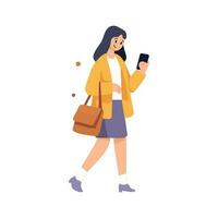 mão desenhado mulher caminhando com Smartphone dentro plano estilo vetor