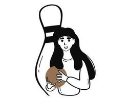 uma menina com uma boliche bola dentro dela mãos vetor