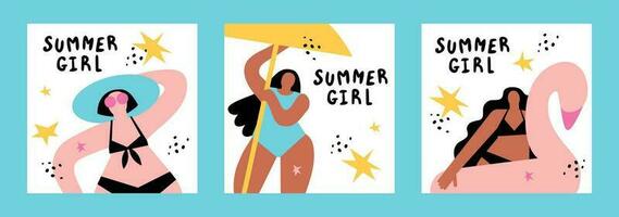 uma conjunto do verão garotas. lindo jovem e fofa meninas ter Diversão e relaxar dentro verão em a de praia dentro uma roupa de banho vetor