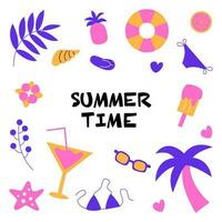 uma conjunto do verão elementos para verão feriados. período de férias e verão humor. gelo creme, coquetel, praia, Palma árvore vetor