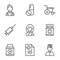 coleção do vetor isolado sinais desenhado dentro linha estilo. editável AVC. ícones do doutor, comprimido, cadeira de rodas, seringa, enfermeira, pílulas, prescrição