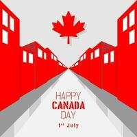 feliz Canadá dia poster com vermelho cidade dentro perspectiva Visão vetor
