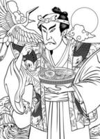 Preto e branco adulto coloração página do uma homem comendo delicioso ramen dentro ukiyo e estilo vetor