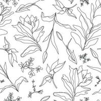 vetor floral linear desatado fundo, plantas e folhas. um, contínuo linha padrão, mão desenhado estilo. monoline rabisco