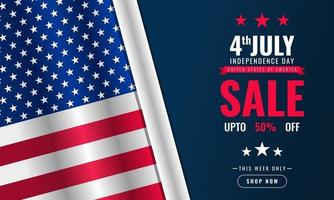 4 de julho, dia da independência, fundo, promoção de vendas, modelo de banner publicitário com desenho da bandeira americana vetor
