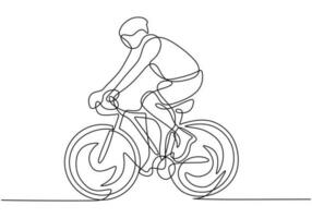 1 linha desenhando ciclista com capacete equitação bicicleta. minimalista Projeto vetor