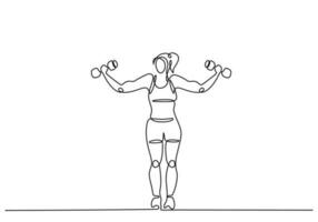 mulher exercício com haltere. 1 linha desenho. dois mãos Treinamento vetor